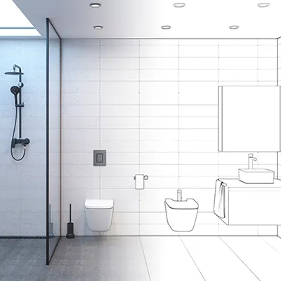 Symbolbild Badplanung rechte Seite skizziert, linke Seite bereits real