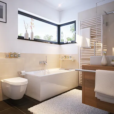 Symbolbild - kleines Badezimmer in weiß mit Eckfenster